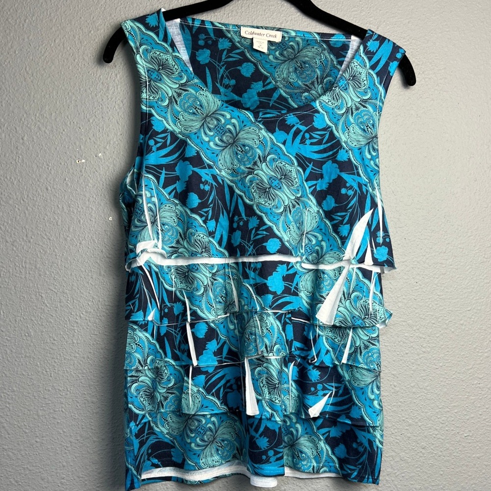Coldwater Creek Blue Floral Babydoll Paisley Tiered Ruffle Sleeveless Med Top